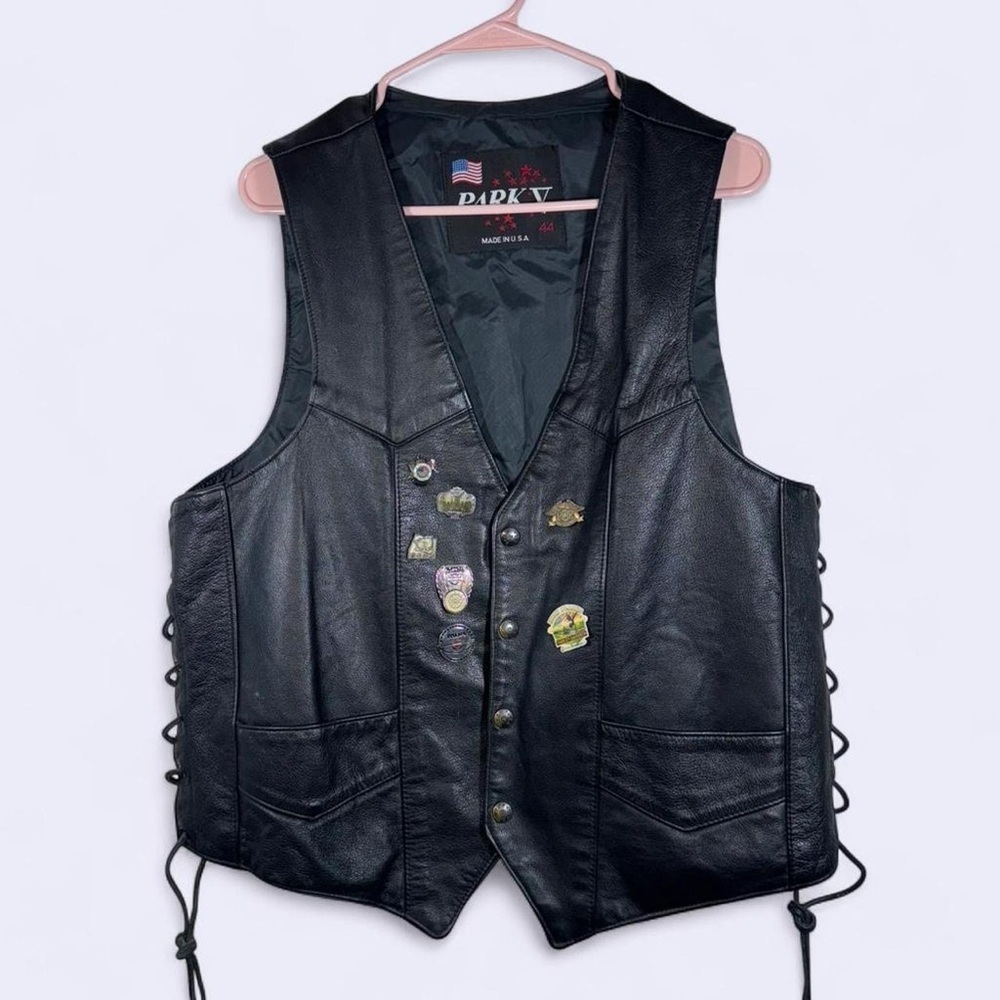 🖤 PARK V Black Leather Motorcycle Vest w/ Pins – Size 44 – Made in USA